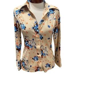 Vintage 70s KMART Long Sleeve Button Down Blue Floral Shirt Womens 34 S